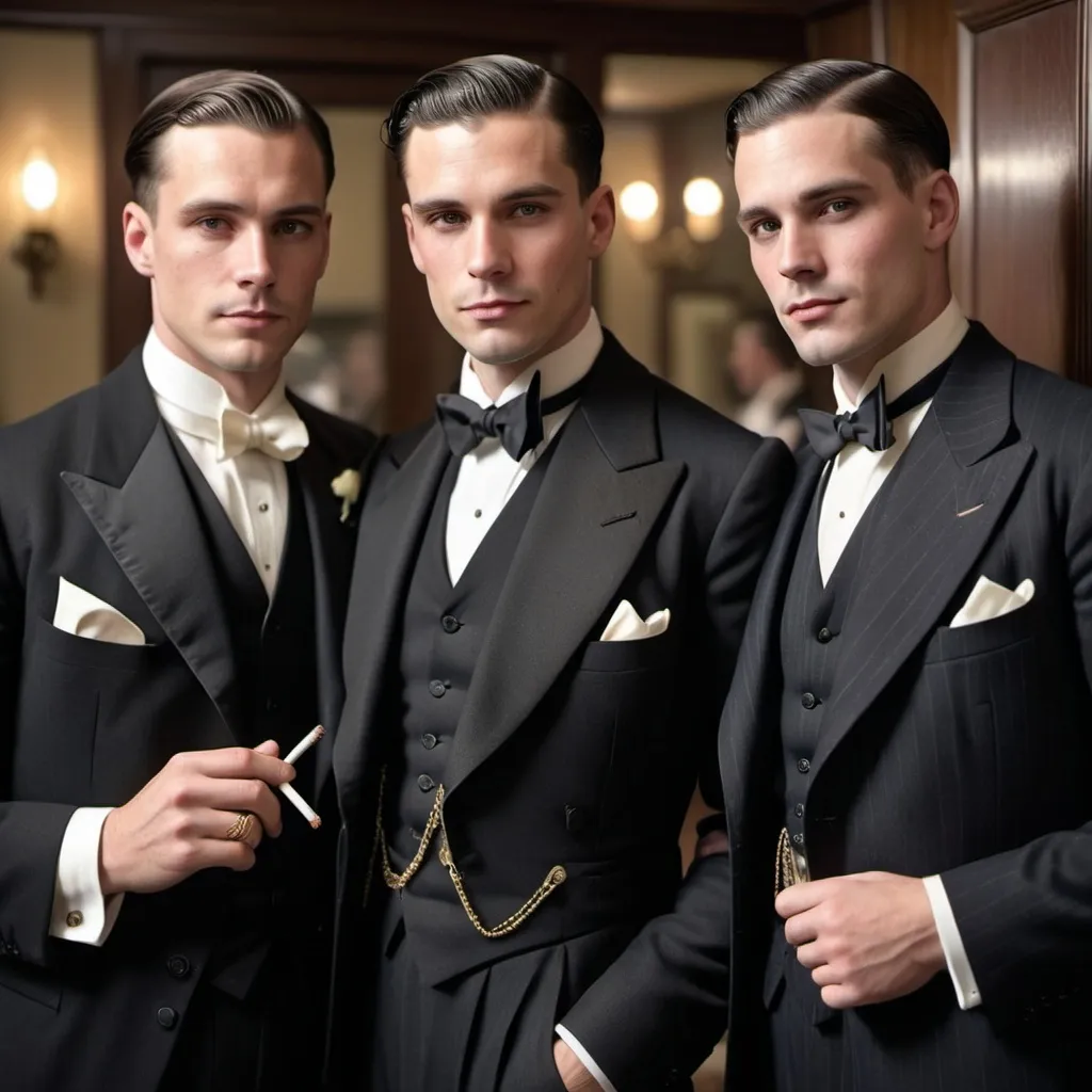 Prompt: a mid 30s handsome American wealthy man with combed hair and oval jawline; wearing a 1920s suit; a mid-20s Welsh-American man with neatly brushed hair, round jawline; wearing 1920s styled tuxedo; smoking together in a roaring 20s setting