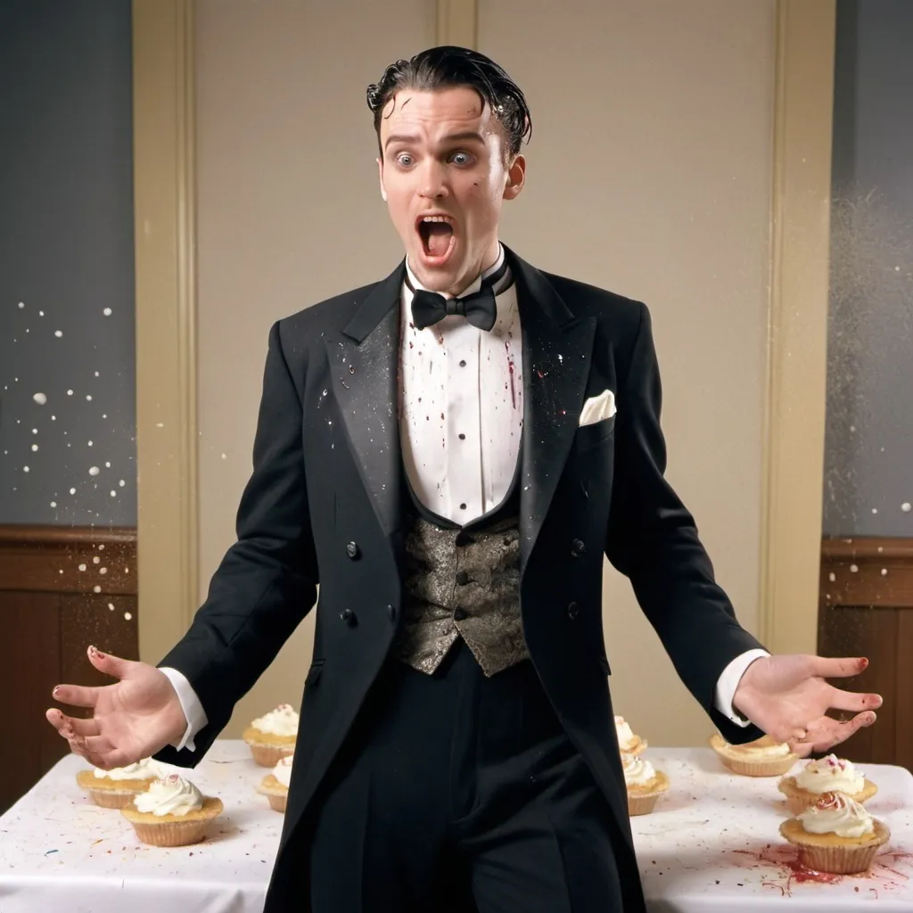 Prompt: a 1990s sitcom style full body shot of a mid 30s Welsh-American man with neatly combed hair, square jawline; dressed in a black 1920s styled tuxedo tailcoat; whipped cream pies are splattered all over him and his outfit in a roaring 20s themed setting