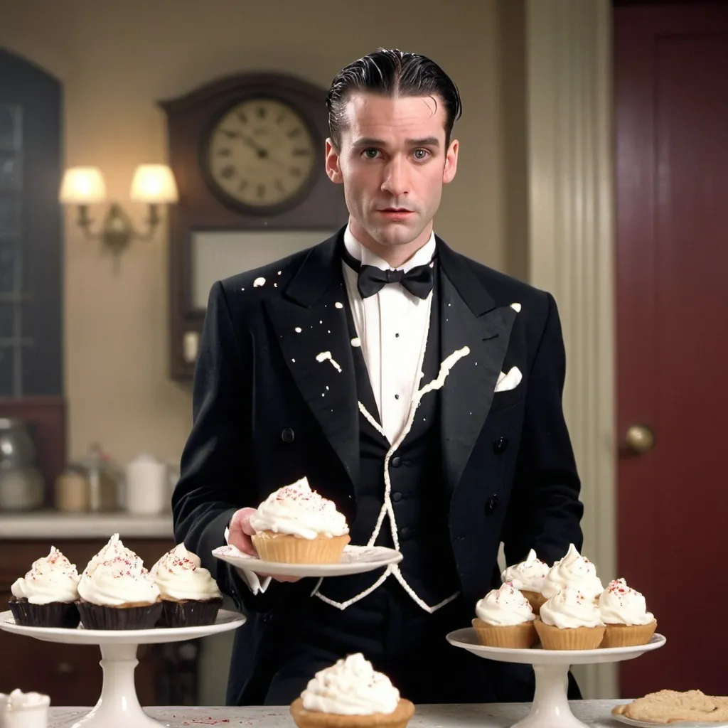 Prompt: a 1990s sitcom style full body shot of a mid 30s Welsh-American man with neatly combed hair, square jawline; dressed in a black 1920s styled tuxedo tailcoat; whipped cream pies are splattered all over him and his outfit in a roaring 20s themed setting