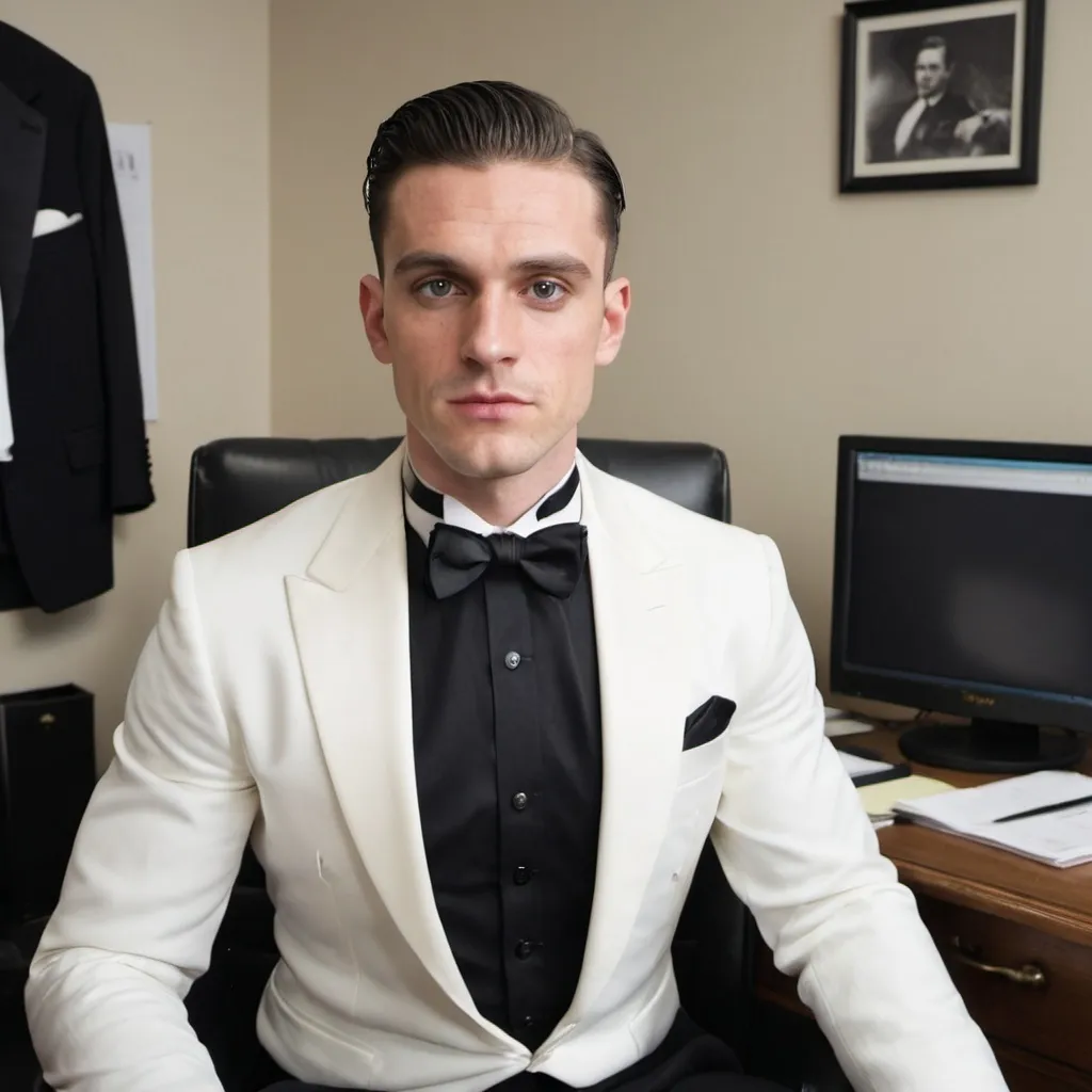 Prompt: A mid 30s Welsh-American man with combed hair and round jawline; wearing a a notch lapel black tuxedo jacket, white wingtip collar tuxedo shirt, white pocket square, gold studs and cufflinks, black bow tie, black tuxedo pants, black silk socks, shiny black oxfords; tied to an office chair with ropes, struggling; in an office setting