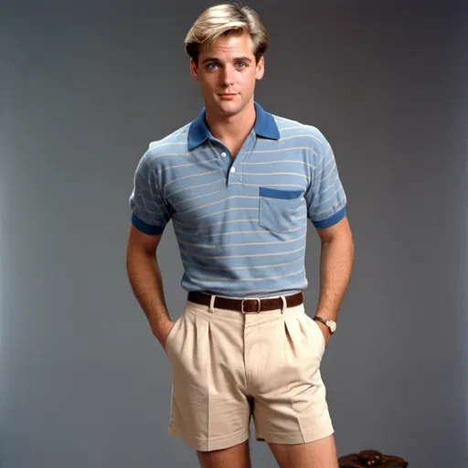 Prompt: a 1980s sitcom style full body shot of a handsome mid 20s Englishman with brushed hair, round jawline; dressed in a bengal striped blue polo shirt sleeved dress shirt, light-colored dress shorts, tan knee-high socks, dark brown leather tassel loafers