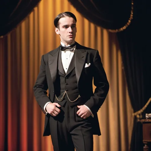 Prompt: a 1990s sitcom style full body shot of a mid 20s Anglo-American man with neatly parted hair, square jawline; dressed in a black 1920s styled tuxedo tailcoat; on stage at a roaring 20s themed setting