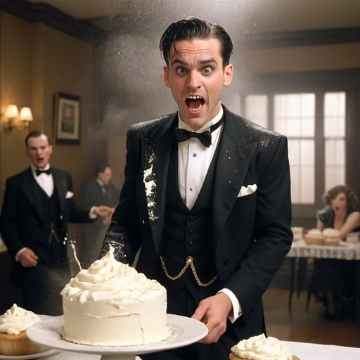 Prompt: a 1990s sitcom style full body shot of a mid 30s Welsh-American man with neatly combed hair, square jawline; dressed in a black 1920s styled tuxedo tailcoat; getting whipped cream pies splattered all over him and his outfit in a roaring 20s themed setting