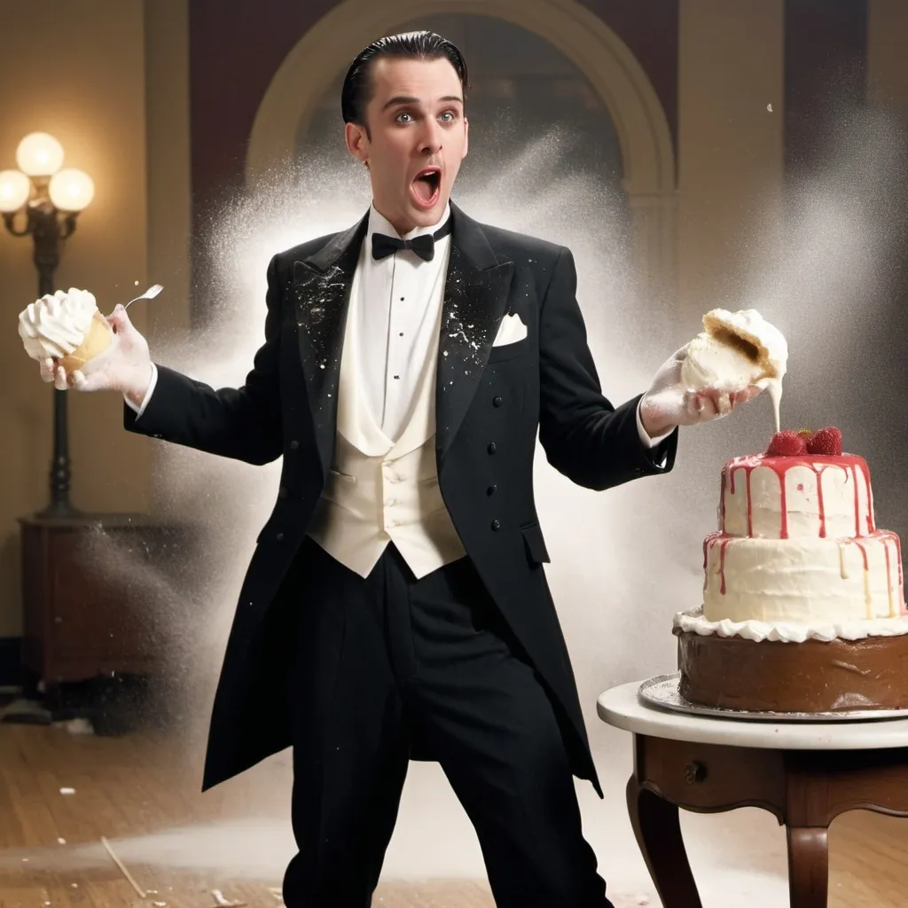 Prompt: a 1990s sitcom style full body shot of a mid 30s Welsh-American man with neatly combed hair, square jawline; dressed in a black 1920s styled tuxedo tailcoat; getting whipped cream pies splattered all over him and his outfit in a roaring 20s themed setting