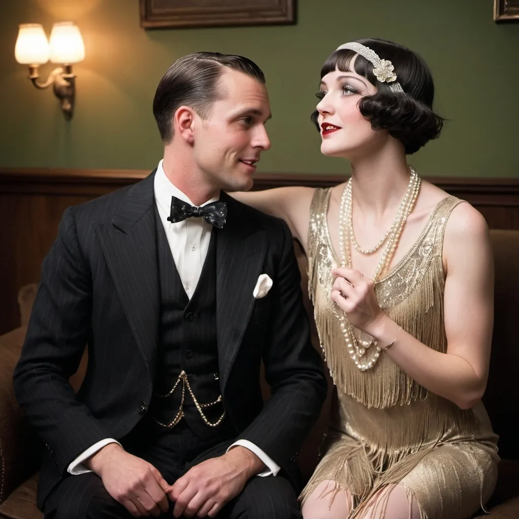 Prompt: a mid 30s handsome American wealthy man with combed hair and oval jawline; wearing a 1920s suit; serenading to a mid-20s Welsh-American man with neatly brushed hair, round jawline; wearing 1920s styled fringed dress, pearl necklace, hairpiece, nylon stockings, and shiny black t-strap flats; in a roaring 20s setting