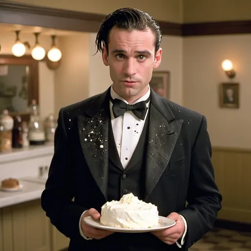 Prompt: a 1990s sitcom style full body shot of a mid 30s Welsh-American man with neatly combed hair, square jawline; dressed in a black 1920s styled tuxedo tailcoat; splattered in whipped cream pies all over him and his outfit in a roaring 20s themed setting