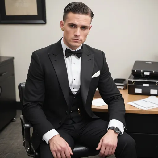 Prompt: A mid 30s Welsh-American man with combed hair and round jawline; wearing a a notch lapel black tuxedo jacket, white wingtip collar tuxedo shirt, white pocket square, gold studs and cufflinks, black bow tie, black tuxedo pants, black silk socks, shiny black oxfords; tied to an office chair with ropes, struggling; in an office setting