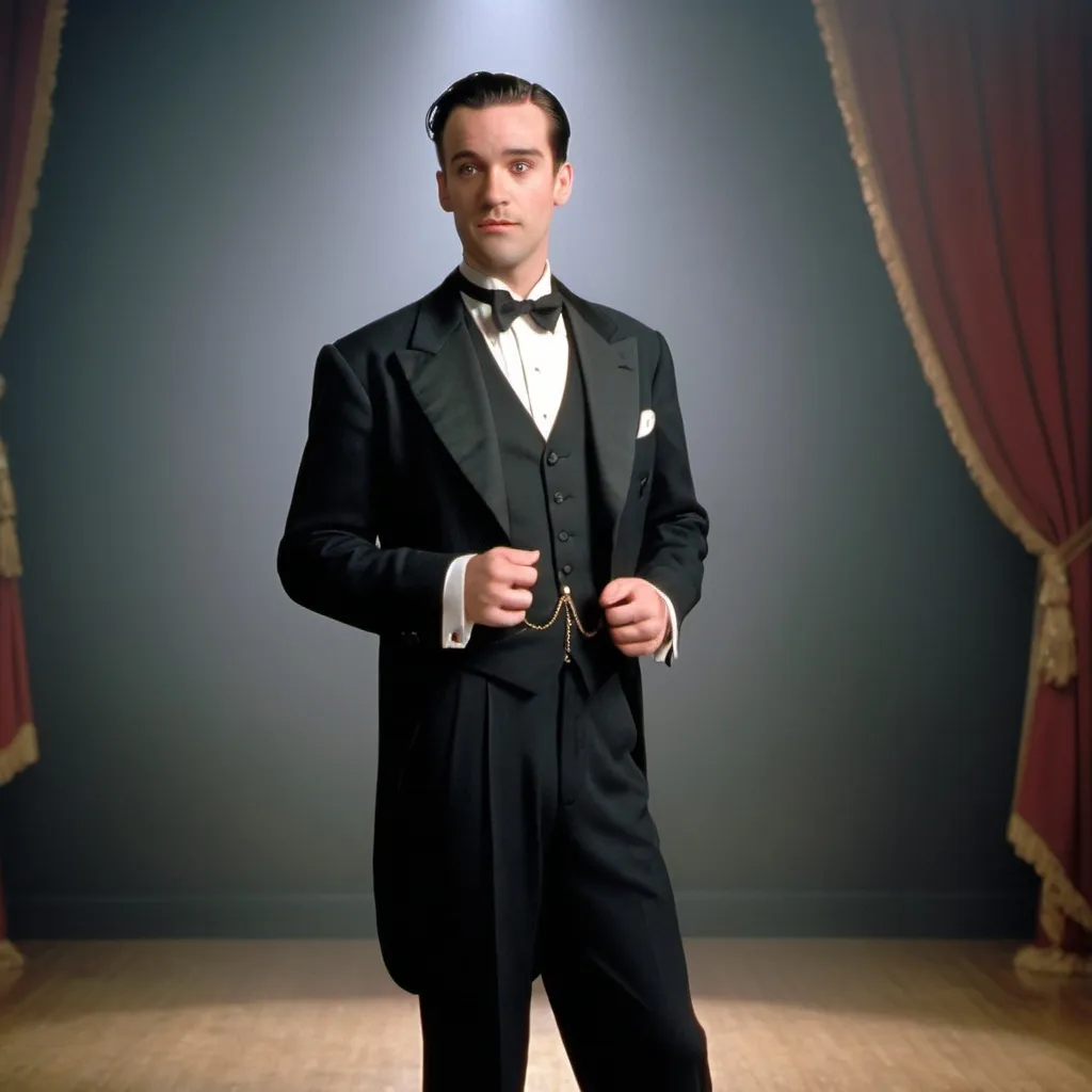 Prompt: a 1990s sitcom style full body shot of a mid 30s Welsh-American man with neatly parted hair, square jawline; dressed in a black 1920s styled tuxedo tailcoat; tap dancing in a roaring 20s themed setting