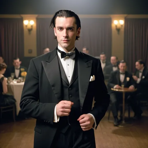 Prompt: a 1990s sitcom style full body shot of a mid 30s Welsh-American man with neatly combed hair, square jawline; dressed in a black 1920s styled tuxedo tailcoat; tap dancing in a roaring 20s themed setting