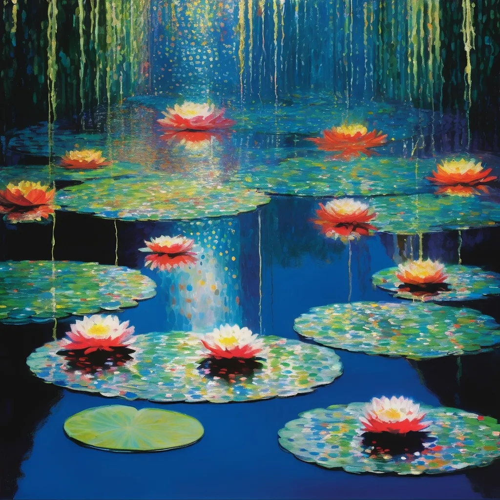 Prompt: Water ripples and reflection from Monet’s Water Lilies.
Dots and infinity from Kusama’s Infinity Mirrored Room.
Layers of shimmering light inspired by Barker’s Reflections Shimmer Deep and Wide.