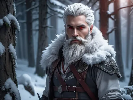 Prompt: Epic fantasy character art of a man with a beard and red eyes, snowy forest with tall trees and bushes, Brom, concept art, highres, fantasy art, detailed facial features, intense gaze, snowy landscape, atmospheric lighting, epic fantasy, cool tones, professional, 3D rendering, detailed beard