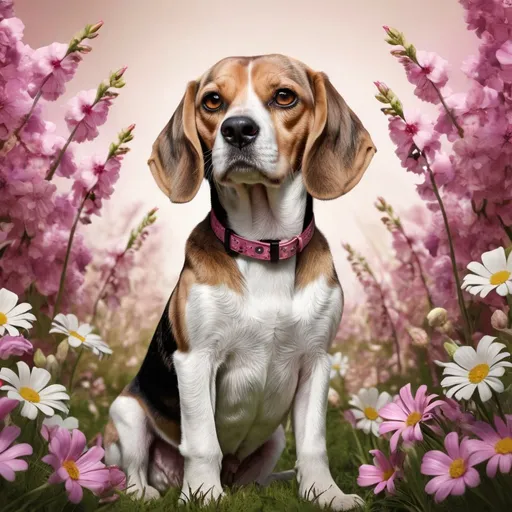 Prompt: Full body beagle in spring flowers in the style of Agustín Fernández, dark pink and beige, colorized, highres, detailed fur, realistic, vibrant, springtime, blooming flowers, agustín fernández style, pet animal, detailed eyes, professional, atmospheric lighting