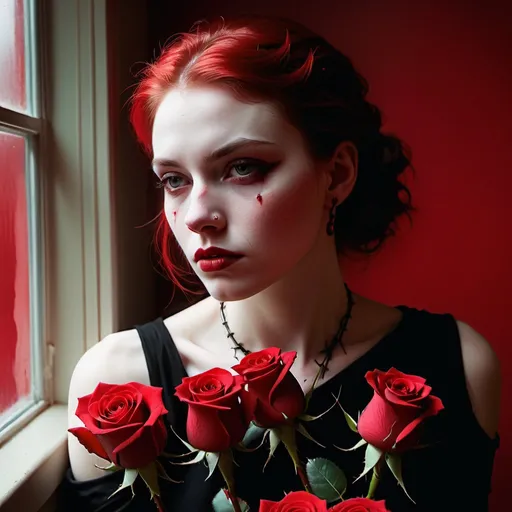 Prompt: Striking portrait with haunting, emotive ambiance, deep vibrant red monochromatic color scheme, subject's skin pierced by thorns, blood accents on pale skin, various red roses strategically placed, reminiscent of Edward Hopper's work, high quality, monochromatic, emotive, haunting, vibrant red, piercing thorns, blood accents, roses, pale skin, detailed, atmospheric lighting