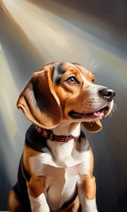 Prompt: American beagle with a cute smile, realistic oil painting, detailed fur with warm highlights, joyful expression, best quality, high-res, warm tones, realistic, detailed eyes, happy atmosphere, natural lighting