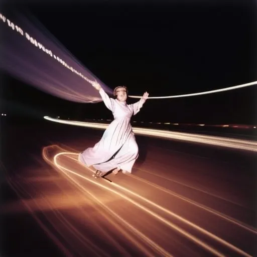 Prompt: ingrid bergman flying on a magic carpet, light trails applied, lord have mercy kind of emotional feeling evoked