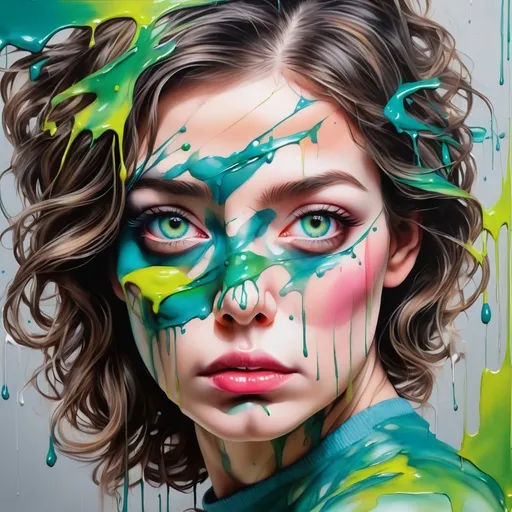 Prompt: Realistic photo, bird's eye view: A woman covered in paint, large detailed eyes, aurora background. Style: Sandra Chevrier.