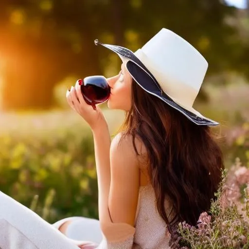 Prompt: A stunning girl is sipping wine sitting at a dreamlike, landscape