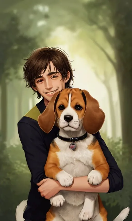 Prompt: smiling man hugging his cute smiling beagle 