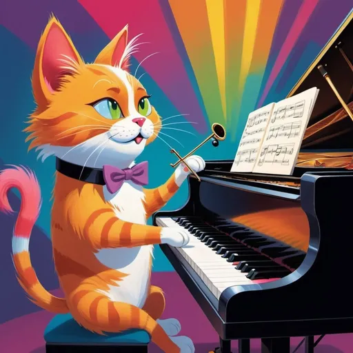 Prompt: Cat playing a grand piano, dog conducting an orchestra, whimsical and playful, cartoon style, vibrant color palette, dynamic composition, detailed fur and whiskers, expressive facial features, lively and energetic, high quality, cartoon, vibrant colors, detailed fur, dynamic composition, whimsical, playful, expressive characters, professional lighting