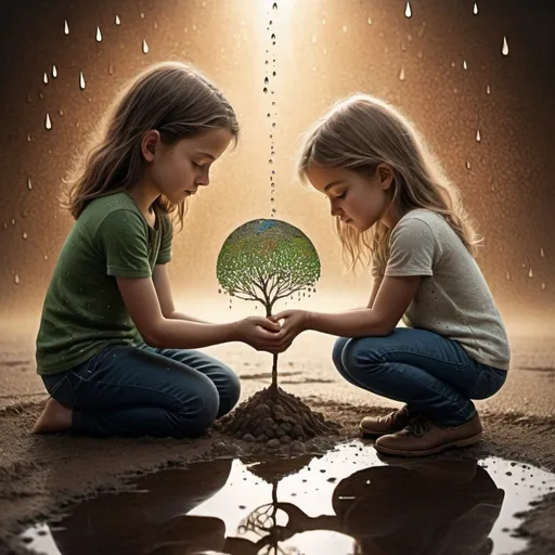 Prompt: Artstyle-pointillism, earth day concept, poignant moment, boy and a girl, water drops, cracked earth, little sprout, hope, high-quality, detailed, pointillism, earthy tones, emotional, rustic lighting