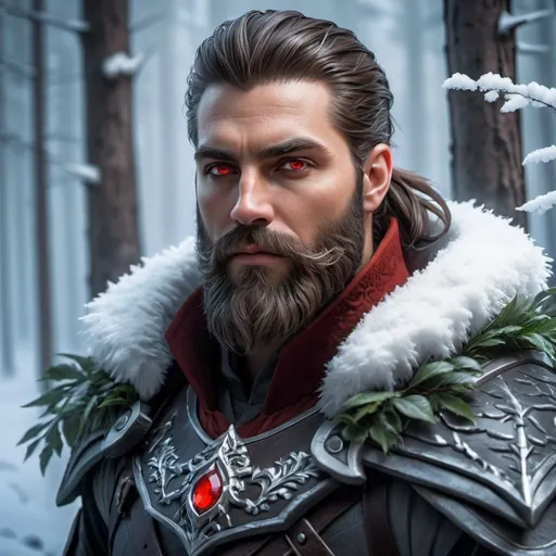 Prompt: Epic fantasy character art of a man with a beard and red eyes, snowy forest with tall trees and bushes, Brom, concept art, highres, fantasy art, detailed facial features, intense gaze, snowy landscape, atmospheric lighting, epic fantasy, cool tones, professional, 3D rendering, detailed beard