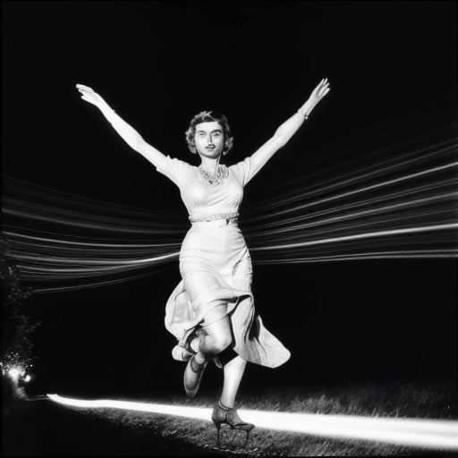 Prompt: ingrid bergman flying on a magic carpet, light trails applied, lord have mercy kind of emotional feeling evoked with what many refer to as ‘her headlights’ piercing the viewer’s eyes but in essence i’m alluding to the expression human external beauty using artistic ways