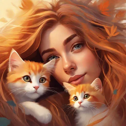 Prompt: Sad faced with two kitties, digital illustration, vibrant and warm color tones, detailed facial features, flowing hair, high quality, realistic, detailed fur, playful and lively atmosphere, sunny lighting, modern and chic design, stunning eyes, cats with expressive eyes, digital art, cozy setting, professional rendering, warm tones, detailed eyes, vibrant atmosphere