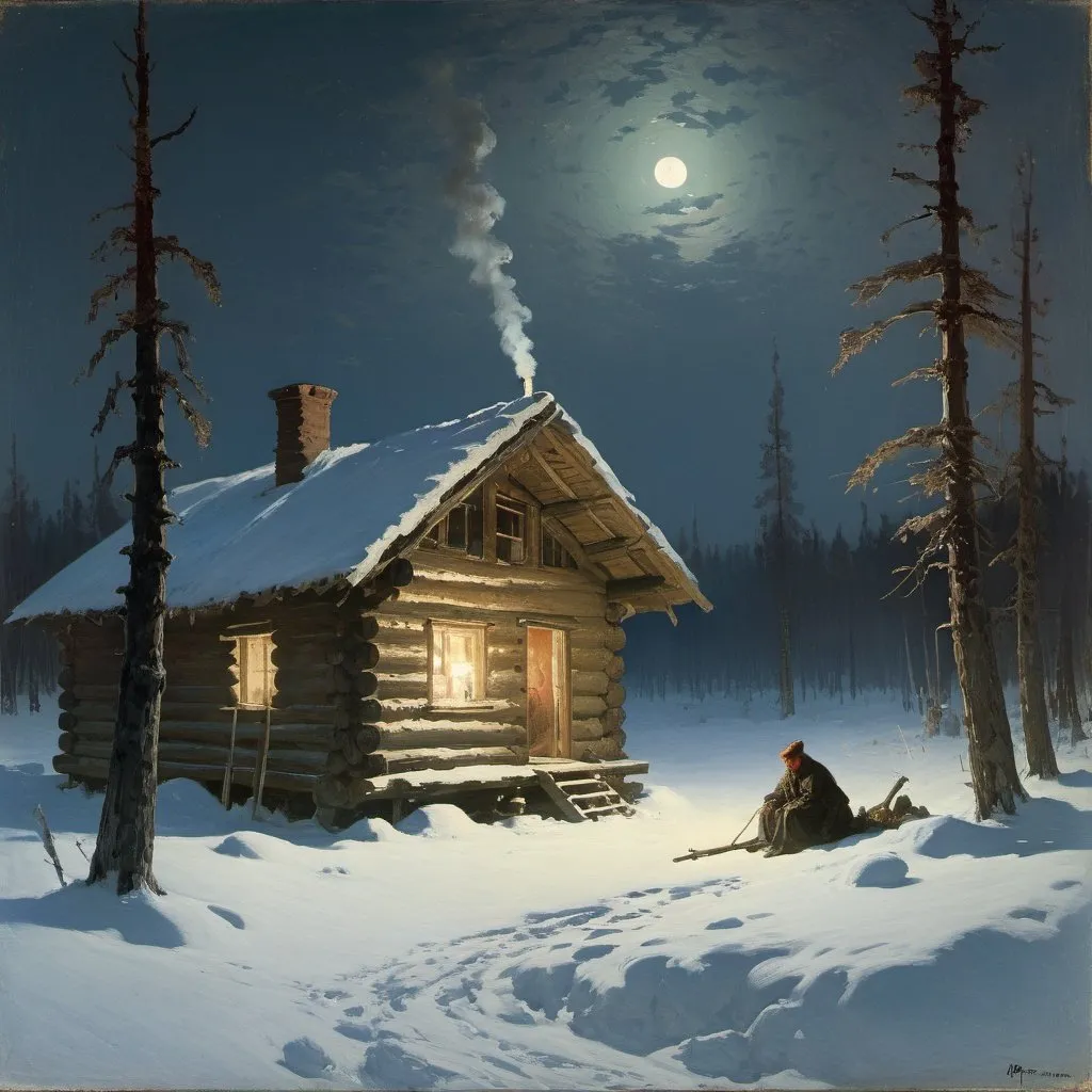 Prompt: wide scene of a siberian cabin at forest's edge in winter with smoking chimney under moonlight, by ilya repin, full resolution