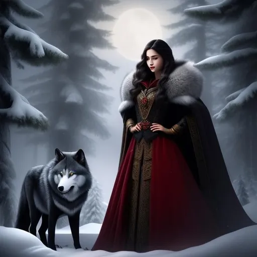 Prompt: Closeup art photography capturing a pretty girl in the red cloak posing with the wolf in the dark forest. dark studio setting, professional digital painting, realistic painting by Robert McCall, Ornate, White, Commercial Card Stock photography