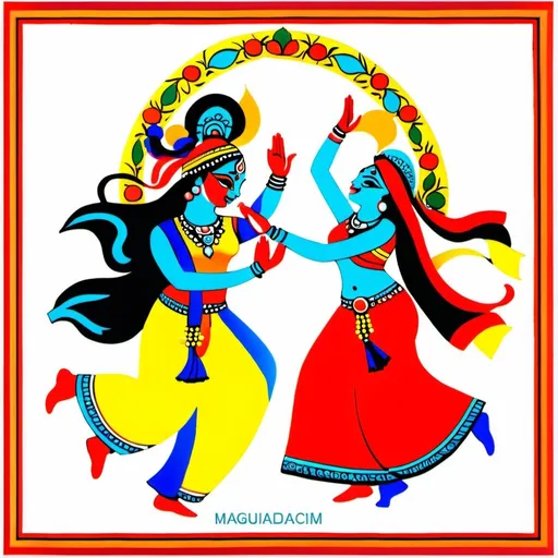 Prompt: Krishna and Radha dancing gleefully in Madhubani style, vibrant colors, intricate patterns, high quality, detailed, Madhubani art, traditional, joyous expressions, professional, intricate designs, cultural, intricate patterns, festive, celebratory, best quality, vibrant, detailed, traditional art, colorful, joyful