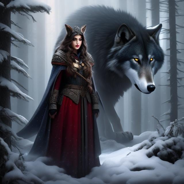 Prompt: Closeup art photography capturing a pretty girl in the red cloak posing with the wolf in the dark forest. dark studio setting, professional digital painting, realistic painting by Robert McCall, Ornate, White, Commercial Card Stock photography