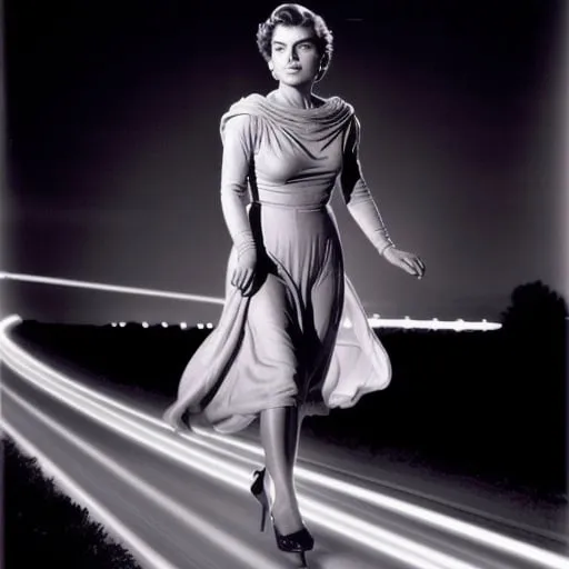 Prompt: ingrid bergman flying on a magic carpet, light trails applied, lord have mercy kind of emotional feeling evoked with what many refer to as ‘her headlights’ piercing the viewer’s eyes but in essence i’m alluding to the human external beauty 