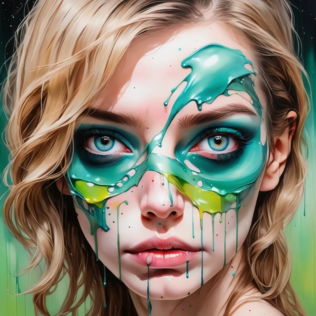 Prompt: Realistic photo, bird's eye view: A woman covered in paint, large detailed eyes, aurora background. Style: Sandra Chevrier.