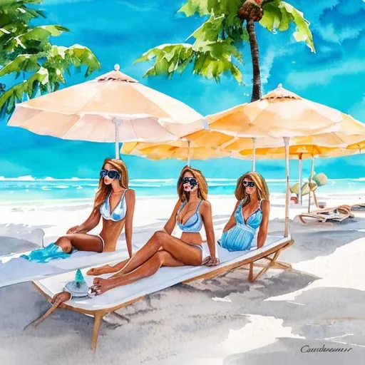 Prompt: Beautiful women enjoying solarium, holding tinted sunglasses and sipping refreshing iced beverages, a beachfront setting with white sands, umbrellas, and the cerulean sea stretching into the horizon, the sounds of waves and the tantalizing sensation of sun warmth, Artwork, watercolor on thick paper, *cenotecore* 