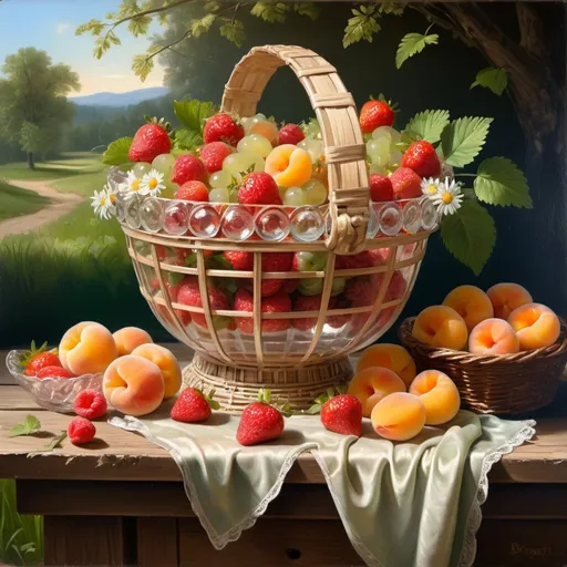 Prompt: 19th century oil painting, fresh-picked transparent crystal basket brimming with assorted transparent spring fruits, including luscious strawberries, juicy raspberries, and sun-kissed apricots. The transparent basket sits on a rustic wooden table outdoors with daisies in the grass and newly green trees visually peeking from behind, baroque style with chiaroscuro lighting effects 