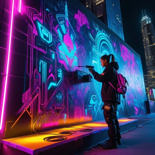 Prompt: Cyberpunk street artist creating vibrant mural on skyscraper wall, futuristic spray paint, neon-lit urban setting, detailed mural with intricate designs, high-quality, 4k resolution, urban, cyberpunk, futuristic, vibrant colors, neon lighting, detailed graffiti, street art, professional, atmospheric lighting