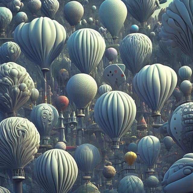 Prompt: Create a surreal 3D render of an alternate universe filled with intricate, detailed balloons of all shapes and sizes, inspired by the art style of Tim Burton.