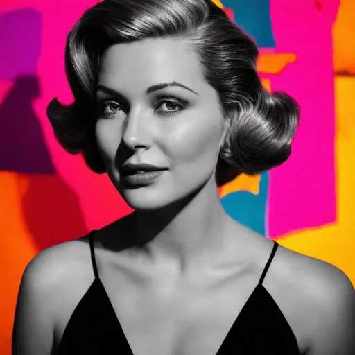 Prompt: Expressive portrait of a woman, black and white foreground, vibrant and colorful abstract background, medium shot, intricate details, soft light, delicate facial features, 1950s fashion, vintage hairstyle, dramatic composition, Nikon D850, award-winning photography, sharp focus, photorealistic, by chris moore, trending on artstation, golden hour, moody light, elegant and captivating, contrasting tones, recommended for you behance.