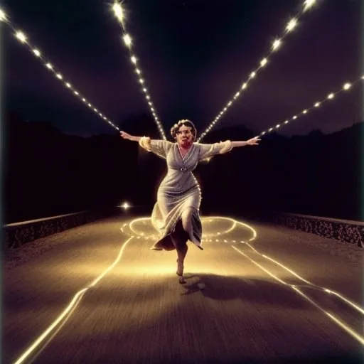 Prompt: ingrid bergman flying on a magic carpet, light trails applied, lord have mercy kind of emotional feeling evoked with what many refer to as ‘her headlights’ piercing the viewer’s eyes but in essence i’m alluding to the human external beauty 