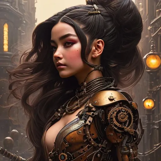 Prompt: steampunk woman, highly detailed face and body portrait by wlop. fantasy art from dnd extremely beautiful style of ilya kuvshinov on greg rutkowski in the shell 1 9 7 0 s oil painting full length illustration sharp focus norman rockwell trending pixiv fanbox concept quality cinema model madison beer as ariana grande popart thomas <lora:epiNoiseoffset_v2Pynoise:2>