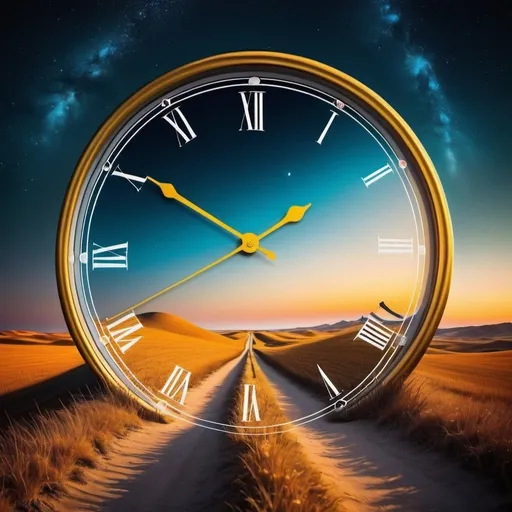 Prompt: Interesting trick photography, optical illusion depicting illusion of time, mind-bending perspective, surreal landscape, high-quality, detailed, surrealism, mind-bending, creative angles, vibrant colors, intriguing concept, professional lighting