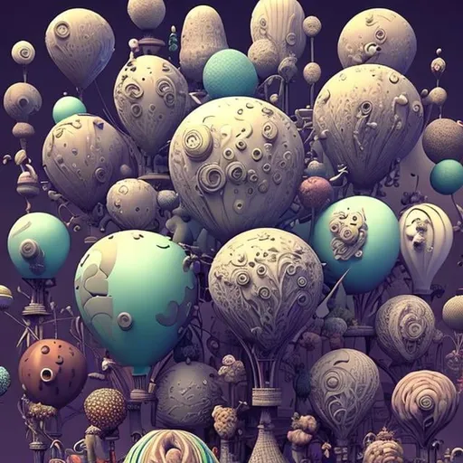 Prompt: Create a surreal 3D render of an alternate universe filled with intricate, detailed balloons of all shapes and sizes, inspired by the art style of Tim Burton.