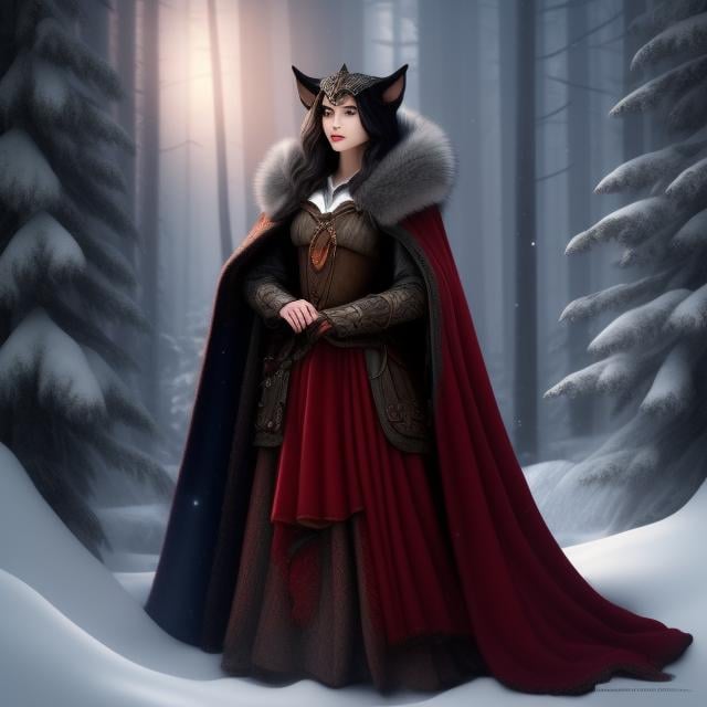 Prompt: Closeup art photography capturing a pretty girl in the red cloak posing with the wolf in the dark forest. dark studio setting, professional digital painting, realistic painting by Robert McCall, Ornate, White, Commercial Card Stock photography