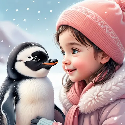 Prompt: Adorable illustration of a baby penguin and a cute girl, digital painting, snowy winter setting, fluffy penguin chick with charming expression, rosy cheeks and friendly smile, girl wearing cozy winter clothing, high quality, heartwarming, pastel colors, soft lighting, snowy landscape, charming, heartwarming, cute characters, snowy setting, winter wonderland