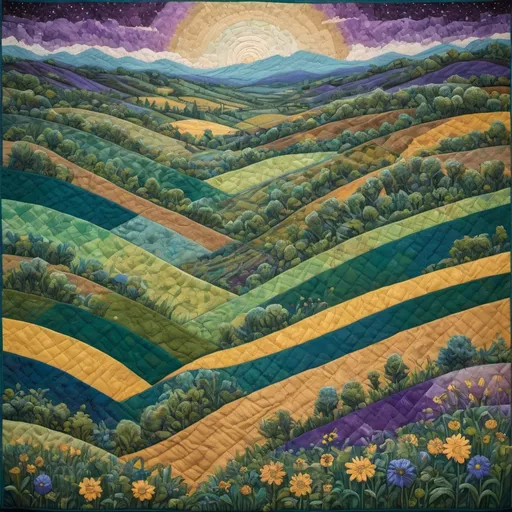 Prompt: Vibrant tapestry of a quilted landscape featuring patchwork fields in myriad shades of green and yellow, stitched together with a network of tiny, brown dirt paths. Undulating rolling hills in the middle distance are given depth with patches of darker and lighter green. The sky is a canvas of rich purples and blues, stippled with a smattering of twinkling stars. Overall, the atmosphere is energetic, but also harmonious.