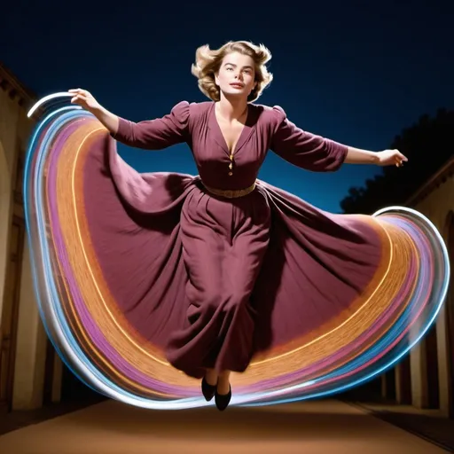 Prompt: ingrid bergman flying on a magic carpet, light trails applied