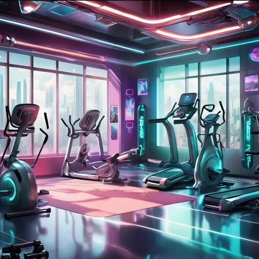 Prompt: High-tech anime gym with futuristic fitness equipment, virtual trainers, vibrant colors, detailed machinery, 4k, ultra-detailed, anime, futuristic, high-tech, vibrant colors, virtual trainers, detailed machinery, professional, advanced fitness equipment, cool tones, atmospheric lighting