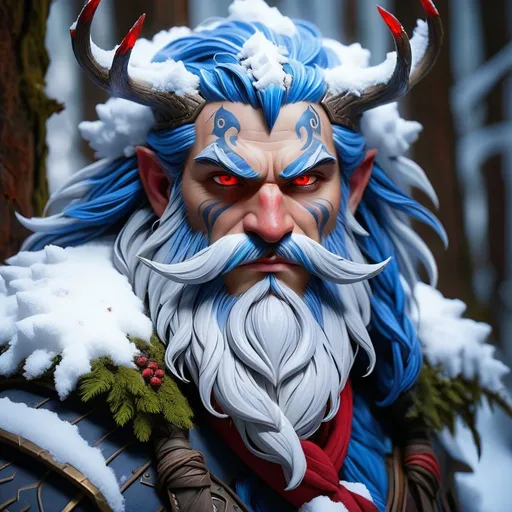 Prompt: forest snow guardian with a blue snow covered beard and red eyes, mystical snowy forest, epic fantasy character art, D&D character, concept art, Brom, fantasy art, 4k, ultra-detailed, mystical forest, snowy landscape, intense stare, rugged appearance, detailed facial hair, mystical atmosphere, fantasy setting, atmospheric lighting, cool and eerie tones, professional