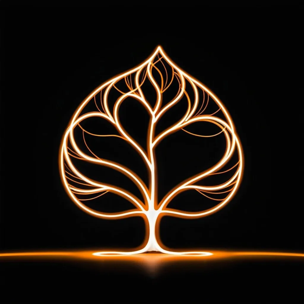 Prompt: Minimalistic, elegant line design of a light orange tree-shaped light painting on a black backdrop, high quality, elegant, minimalistic, light orange, tree-shaped, elegant lines, light painting, black backdrop, artistic, modern, professional, glowing, minimal, simple, clean