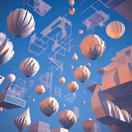 Prompt: a surrealist 3D render of an alternate universe filled with intricate, geometric balloons drifting in a luminescent sky, inspired by the style of M.C. Escher.